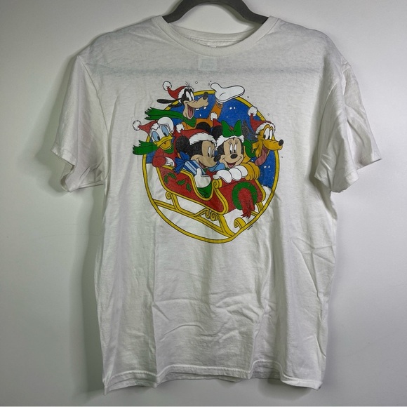 Disney Tops - Vintage Disney Mickey Mouse & Friends Christmas Sleigh T Shirt White Size Medium
